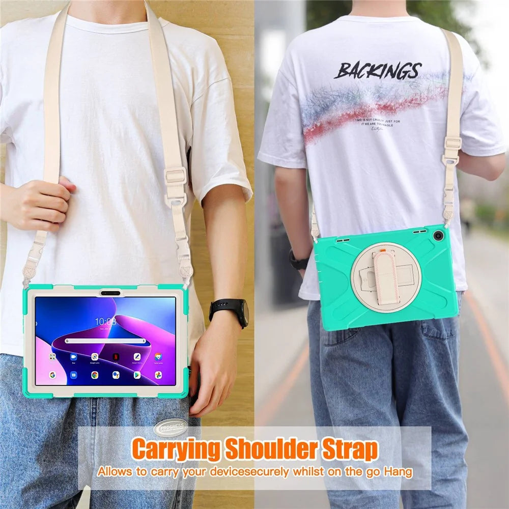 For Lenovo Tab M10 (Gen 3) TB-328FU / TB-328XU Rotary Hand Strap Kickstand Tablet Case PC + Silicone Shockproof Cover with Shoulder Strap - Mint Green - 6
