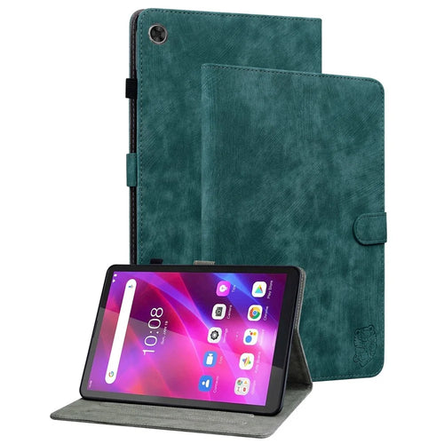 Cute Tiger Pattern Imprinted Case for Lenovo Tab M7 (3rd Gen), PU Leather Anti-scratch Stand Card Holder Cover - Green - 1