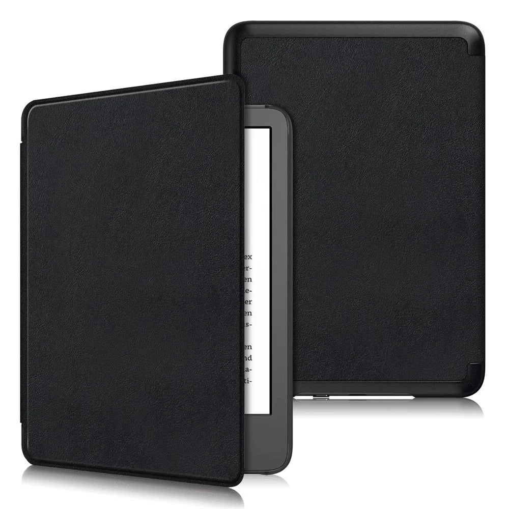For Amazon Kindle 6" (2022) PU Leather Folio Case Auto Sleep / Wake Feature Solid Color Tablet Cover - Black - 1