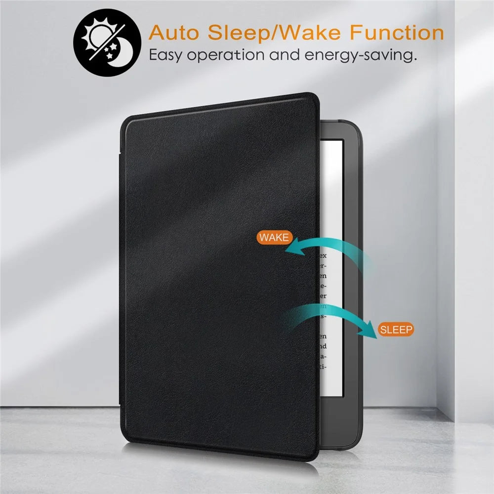 For Amazon Kindle 6" (2022) PU Leather Folio Case Auto Sleep / Wake Feature Solid Color Tablet Cover - Black - 2