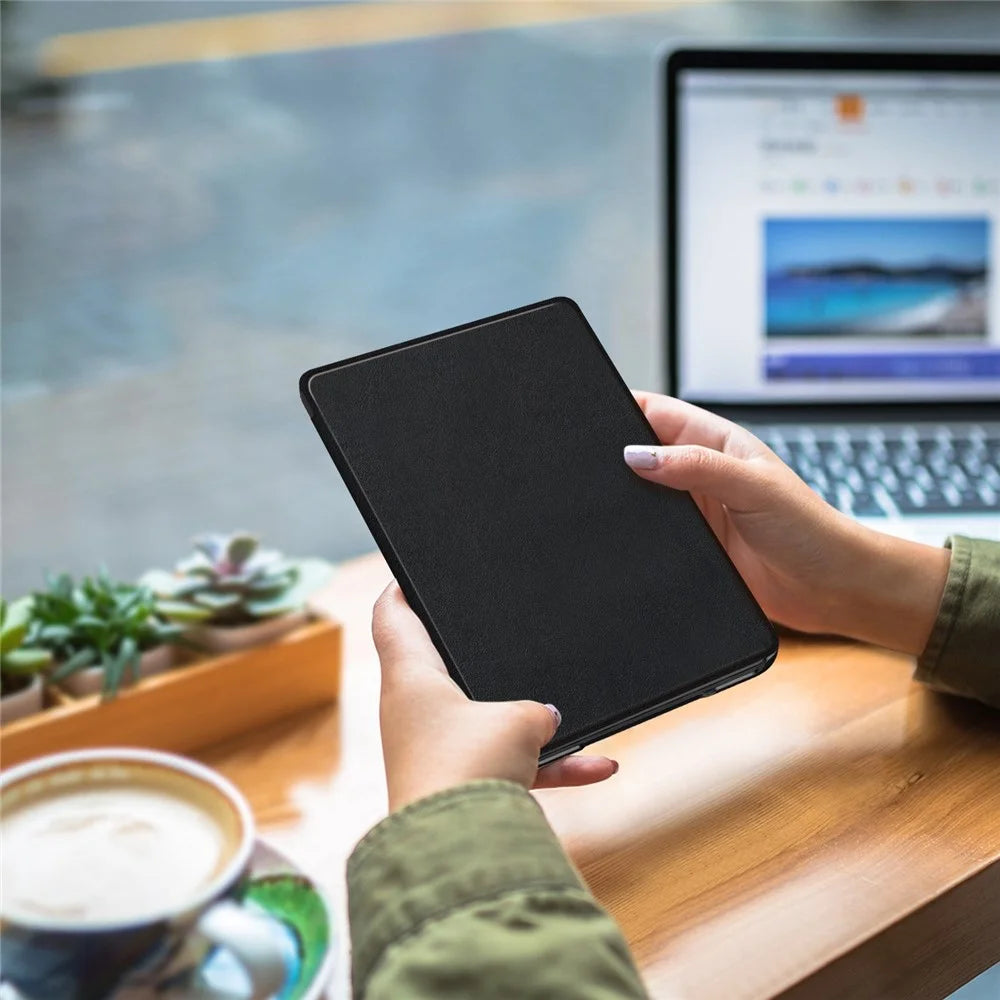 For Amazon Kindle 6" (2022) PU Leather Folio Case Auto Sleep / Wake Feature Solid Color Tablet Cover - Black - 4