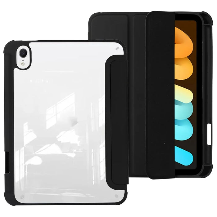 For iPad mini (2024) / mini (2021) PU Leather + TPU + Acrylic Transparent Tablet Case Tri-Fold Stand Protective Cover - Black - 1