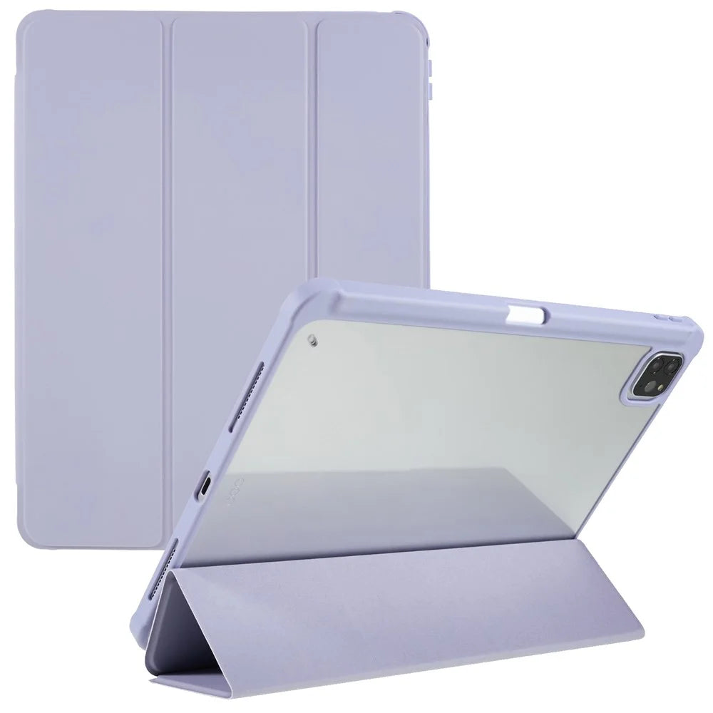For iPad Pro 11 (2018) / (2020) / (2021) / (2022) Protective Case PU Leather + TPU + Acrylic Tablet Case Tri-fold Stand Shockproof Cover - Purple - 1