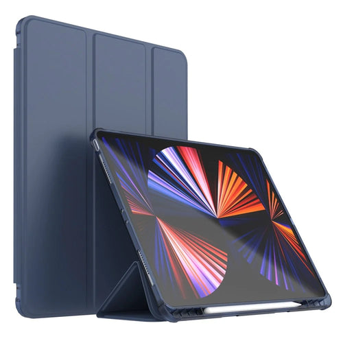 For iPad Pro 12.9 (2020) / (2021) / (2022) PU Leather Trifold Stand Cover Auto Sleep / Wake Smart Tablet Case with Pencil Holder - Dark Blue - 1