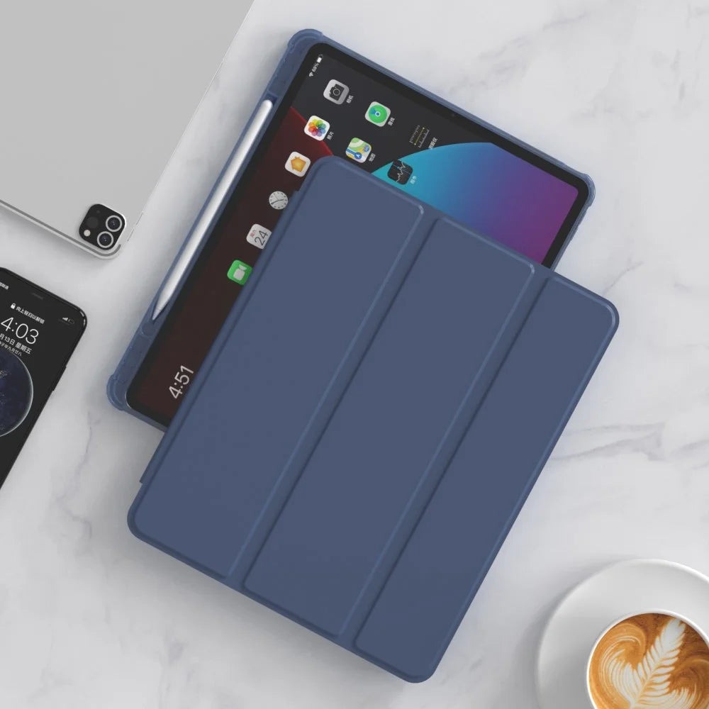 For iPad Pro 12.9 (2020) / (2021) / (2022) PU Leather Trifold Stand Cover Auto Sleep / Wake Smart Tablet Case with Pencil Holder - Dark Blue - 2