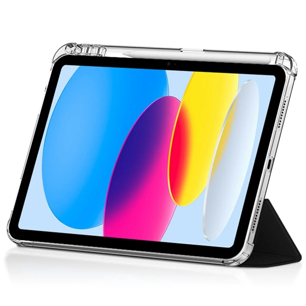 For iPad (2025) / 10.9 (2022) PU Leather Trifold Stand Case Clear Back Cover with Pencil Holder - Black - 3