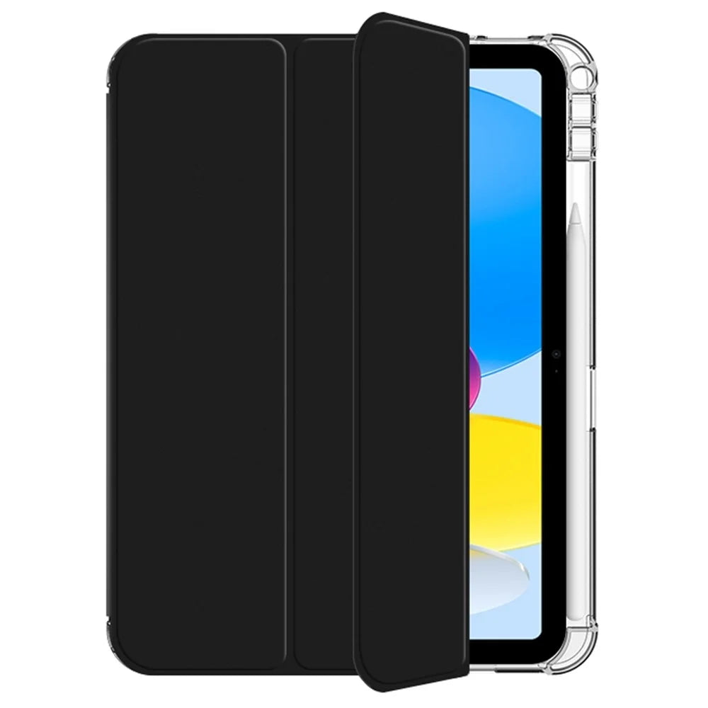 For iPad (2025) / 10.9 (2022) PU Leather Trifold Stand Case Clear Back Cover with Pencil Holder - Black - 4