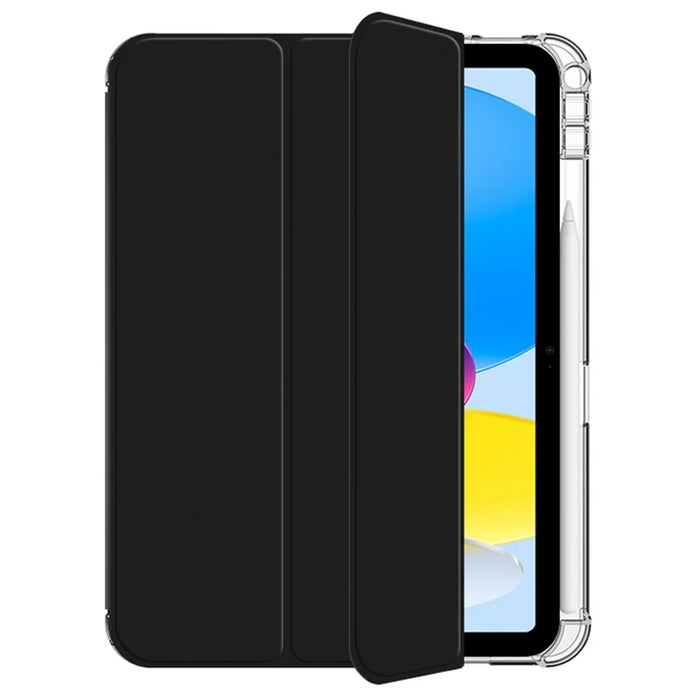 For iPad (2025) / 10.9 (2022) PU Leather Trifold Stand Case Clear Back Cover with Pencil Holder - Black - 4