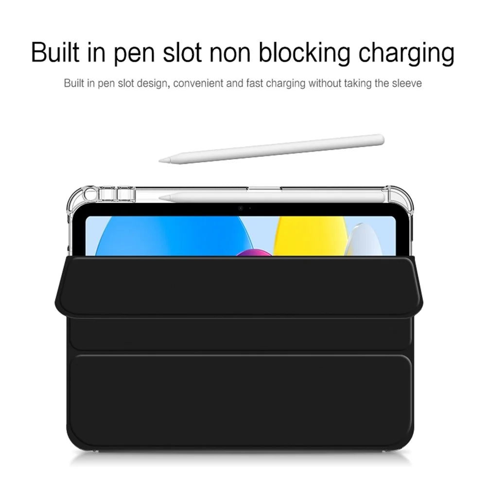 For iPad (2025) / 10.9 (2022) PU Leather Trifold Stand Case Clear Back Cover with Pencil Holder - Black - 7