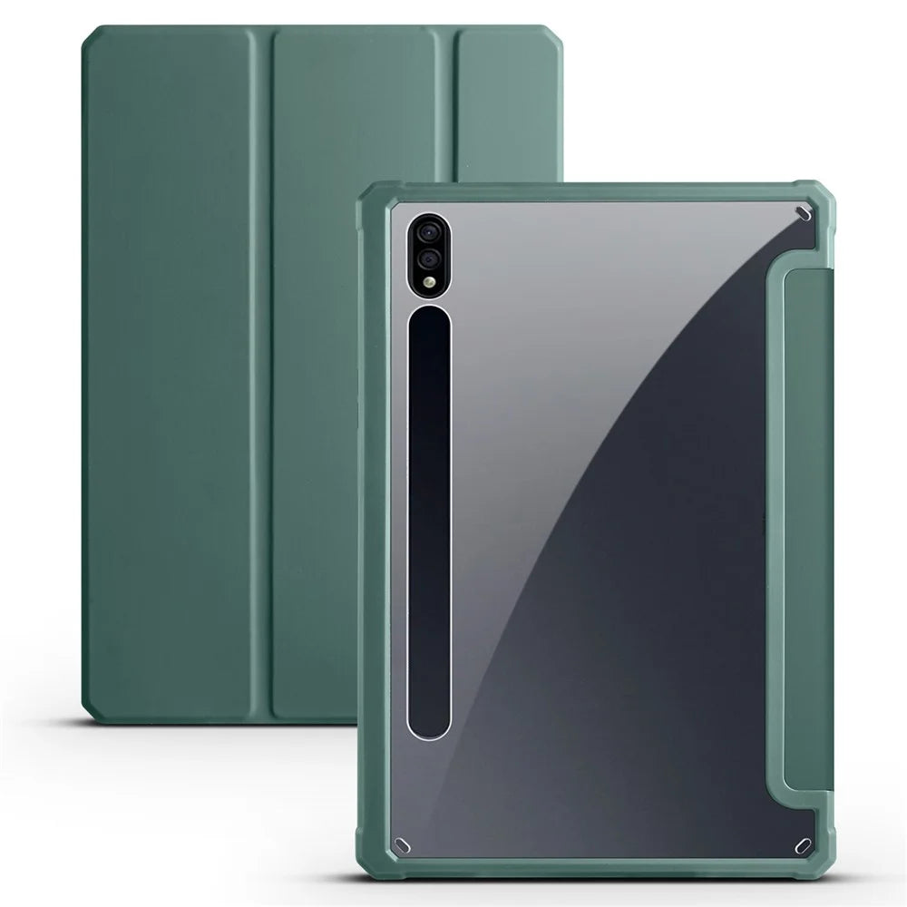 For Samsung Galaxy Tab S8+ / S7+ T970 / Tab S7 FE T730 T736 Trifold Stand Protective Case PU Leather + TPU + Acrylic Smart Cover with Auto Sleep / Wake - Midnight Green - 1