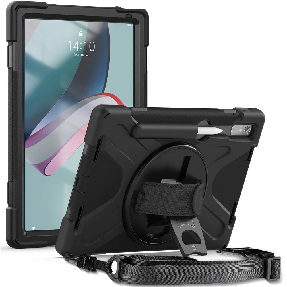 For Lenovo Tab P11 Pro Gen 2 Case Rotation Kickstand PC + Silicone Tablet Cover with Hand Strap / Shoulder Strap - Black - 1