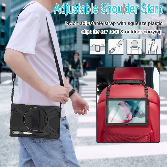 For Lenovo Tab P11 Pro Gen 2 Case Rotation Kickstand PC + Silicone Tablet Cover with Hand Strap / Shoulder Strap - Black - 6