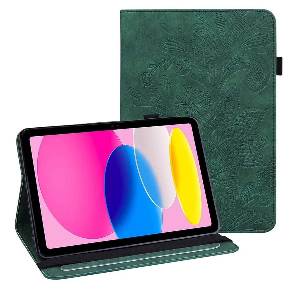 For iPad (2025) / 10.9 (2022) Flower Imprinting Stand Wallet Tablet Case PU Leather Auto Wake / Sleep Cover with Elastic Band - Green - 1
