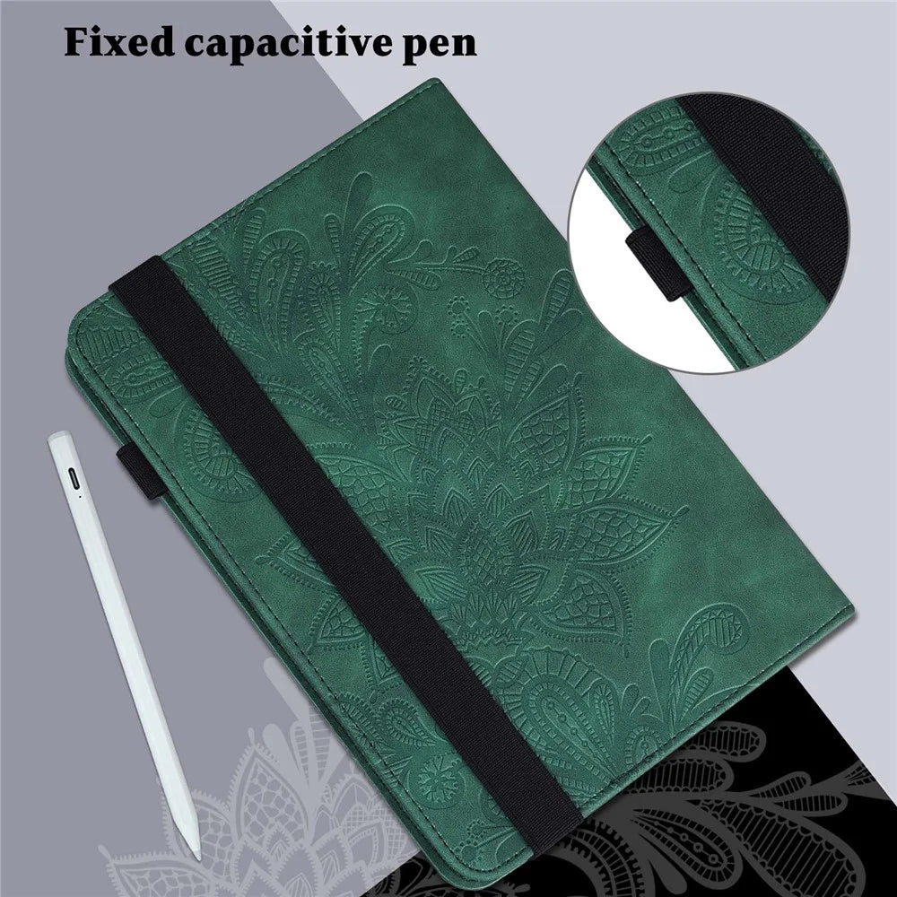For iPad (2025) / 10.9 (2022) Flower Imprinting Stand Wallet Tablet Case PU Leather Auto Wake / Sleep Cover with Elastic Band - Green - 6