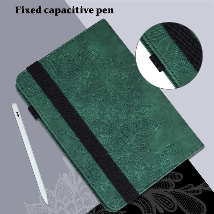 For iPad (2025) / 10.9 (2022) Flower Imprinting Stand Wallet Tablet Case PU Leather Auto Wake / Sleep Cover with Elastic Band - Green - 6