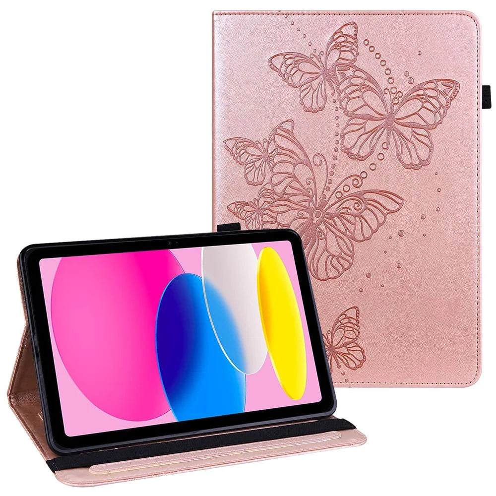 For iPad (2025) / 10.9 (2022) PU Leather Imprinting Butterflies Tablet Case Stand Card Holder Auto Wake / Sleep Cover - Rose Gold - 1