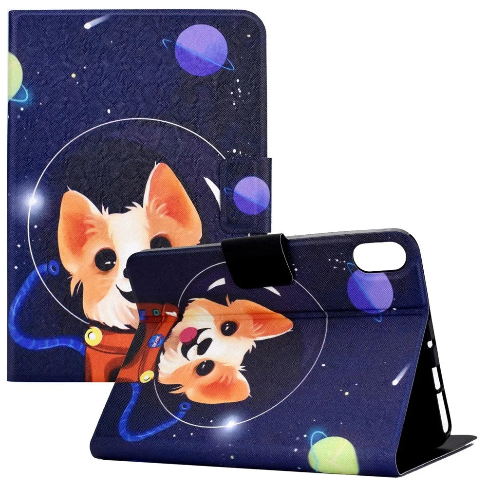 For iPad (2025) / 10.9 (2022) Pattern Printing PU Leather Tablet Case Folding Stand Folio Cover with Card Holder - Space Dog - 1