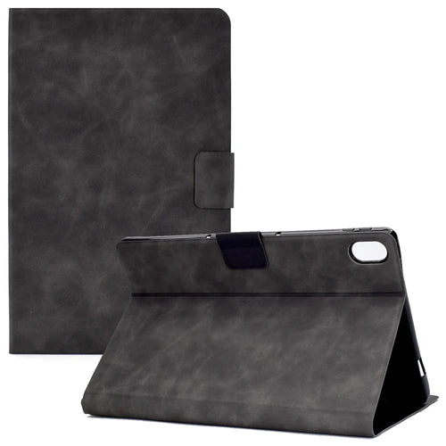 For iPad (2025) / 10.9 (2022) Stand Folio Tablet Case Cowhide Texture PU Leather Anti-Scratch Cover with Card Holder - Black - 1