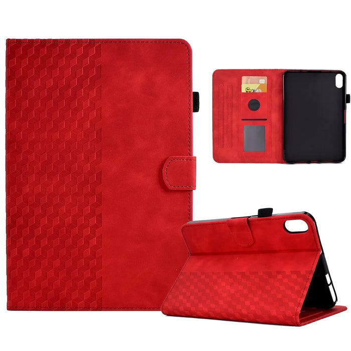 For iPad (2025) / 10.9 (2022) Imprinted Rhombus Pattern PU Leather Tablet Case Stitching Line Full Protection Stand Card Holder Cover - Red - 1
