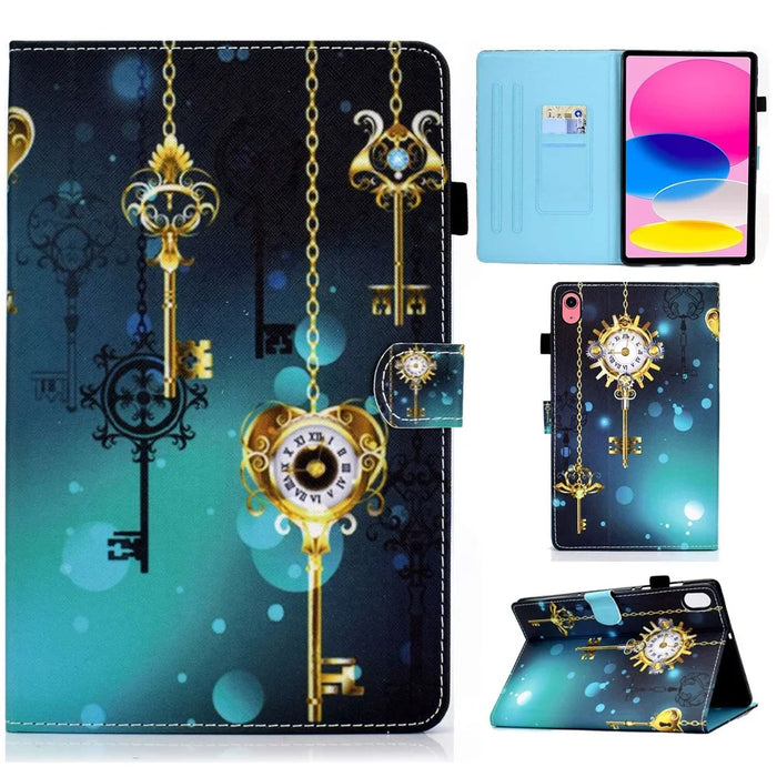 For iPad (2025) / 10.9 (2022) Pattern Printing Stand Folio Tablet Case Stitching Line PU Leather Card Slots Protective Cover - Antique Clock - 1