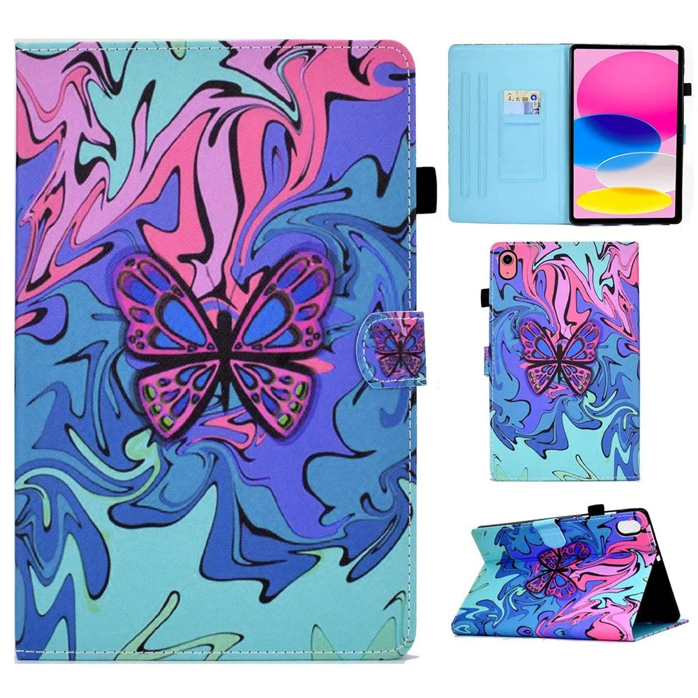 For iPad (2025) / 10.9 (2022) Case Pattern Printing Stand Stitching Line PU Leather Tablet Cover with Card Slots Holder - Butterfly - 1