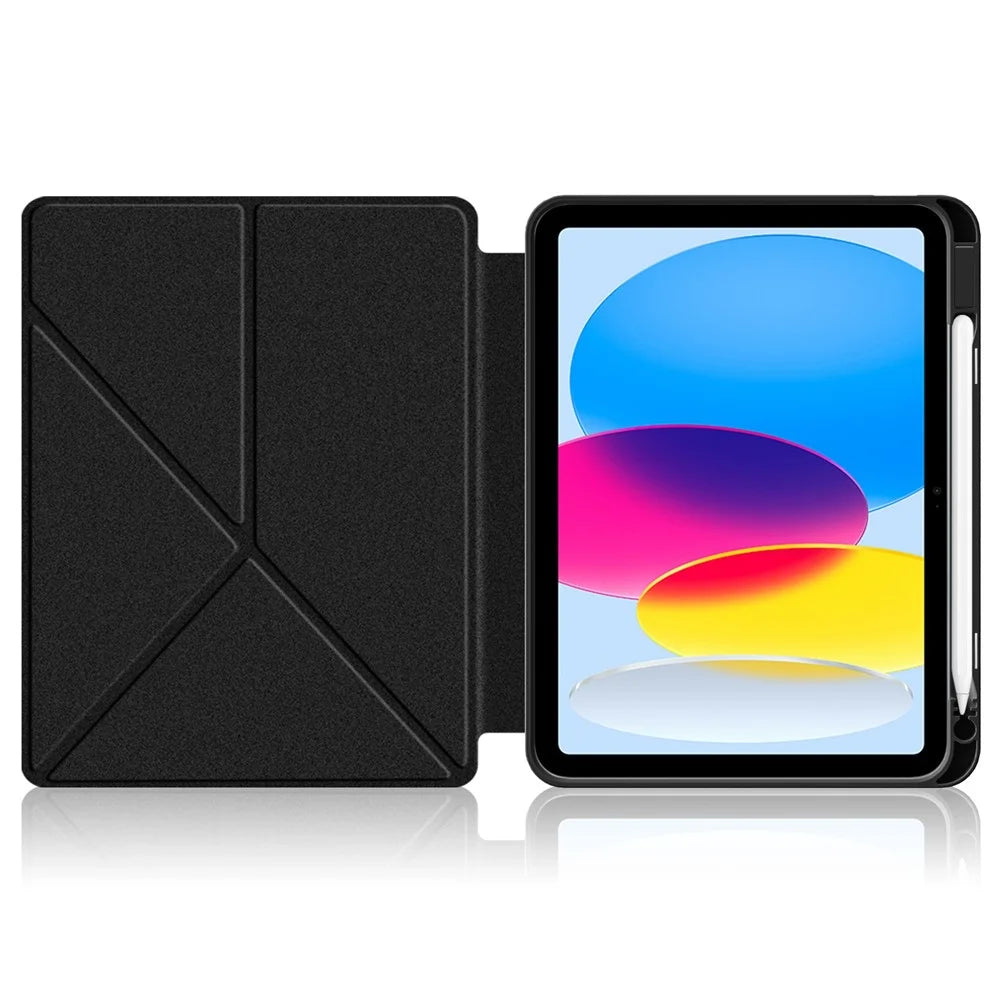 For iPad (2025) / 10.9 (2022) Origami Stand PU Leather Tablet Case Auto Wake / Sleep Pen Slot Protective Cover - Black - 2
