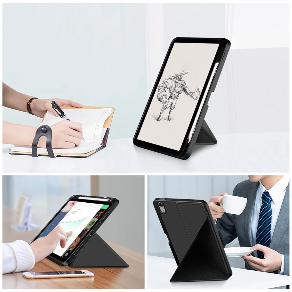 For iPad (2025) / 10.9 (2022) Origami Stand PU Leather Tablet Case Auto Wake / Sleep Pen Slot Protective Cover - Black - 4