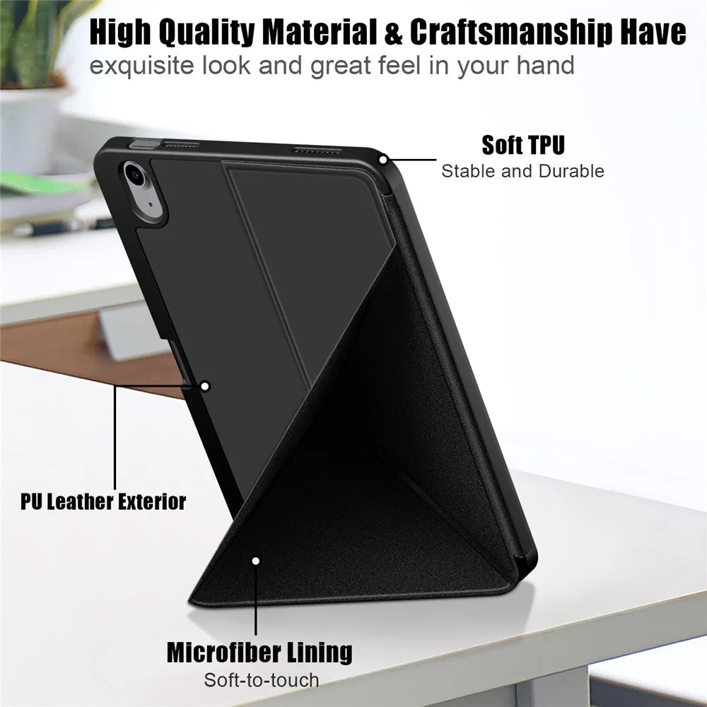 For iPad (2025) / 10.9 (2022) Origami Stand PU Leather Tablet Case Auto Wake / Sleep Pen Slot Protective Cover - Black - 5