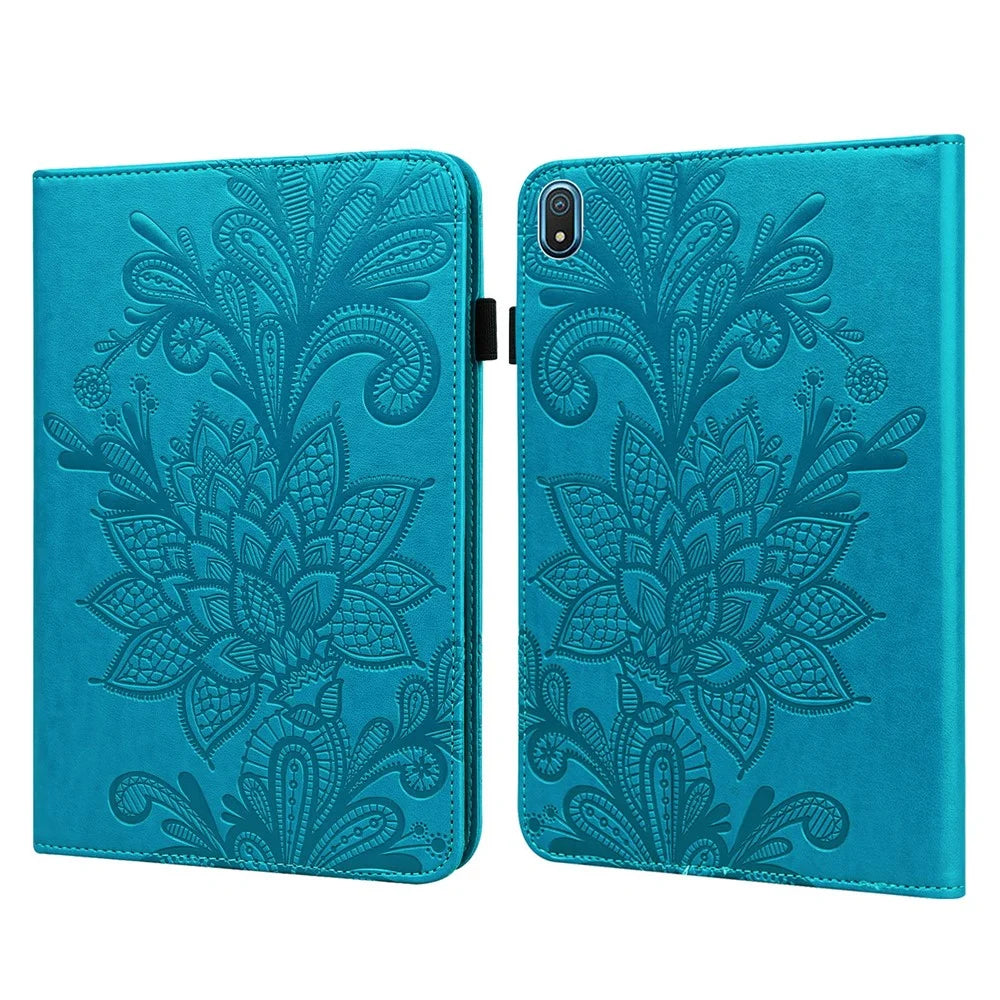 For Nokia T20 Flower Imprinting Tablet Cover Stand Wallet PU Leather + Inner TPU Protective Case - Blue - 1