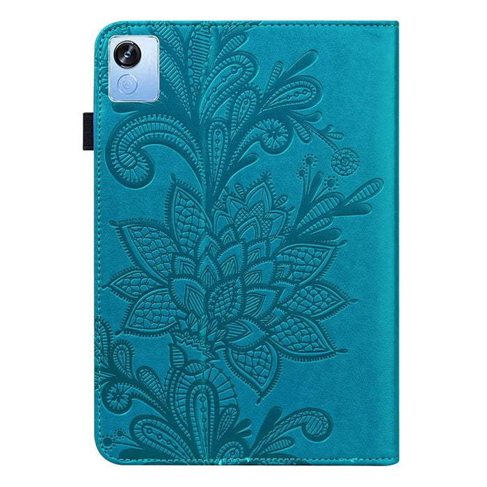 For Realme Pad X Flower Imprinting Foldable Stand Tablet Wallet Case PU Leather Drop-proof Cover with Elastic Band - Blue - 2