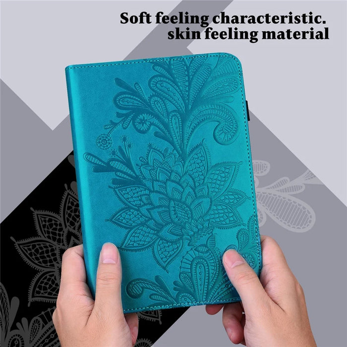 For Realme Pad X Flower Imprinting Foldable Stand Tablet Wallet Case PU Leather Drop-proof Cover with Elastic Band - Blue - 7