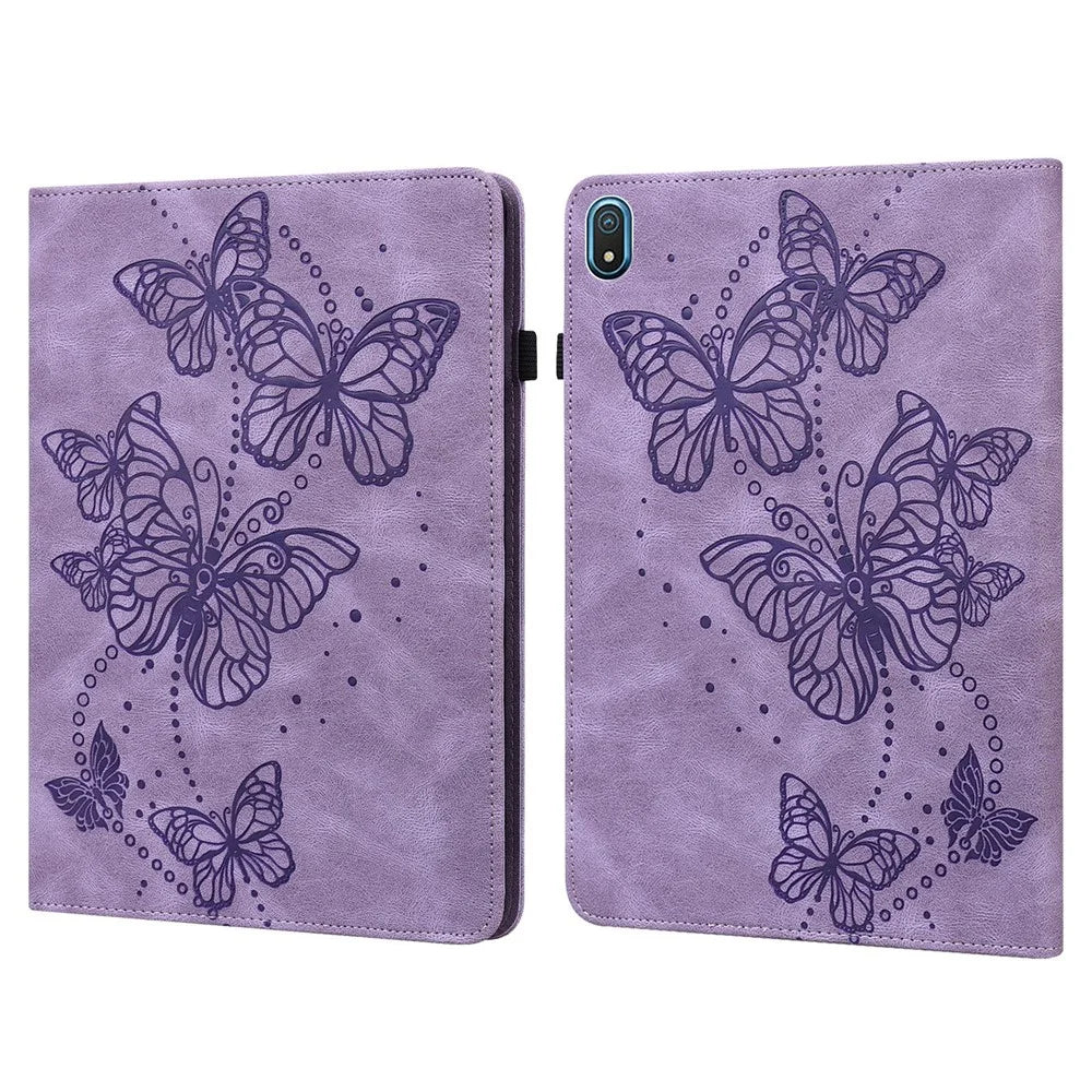 For Nokia T20 Butterfly Imprinted Tablet Stand Case PU Leather Card Holder Shockproof Cover with Elastic Band - Purple - 1