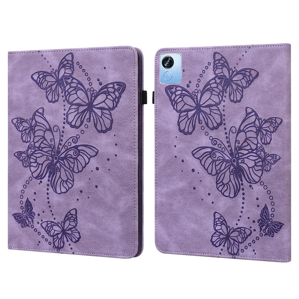 For Realme Pad X Butterfly Imprinted Tablet Full Protection Stand Case PU Leather Card Holder Cover with Elastic Band - Purple - 1