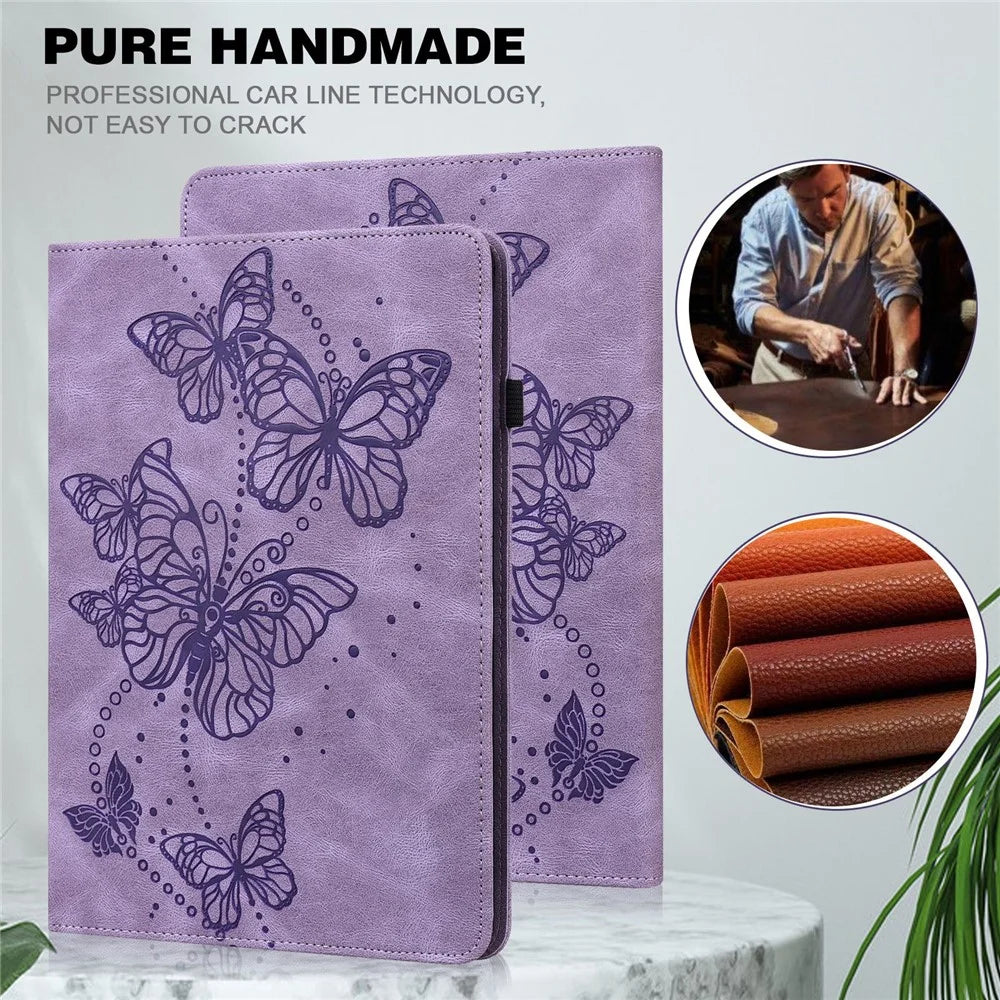 For Realme Pad X Butterfly Imprinted Tablet Full Protection Stand Case PU Leather Card Holder Cover with Elastic Band - Purple - 4