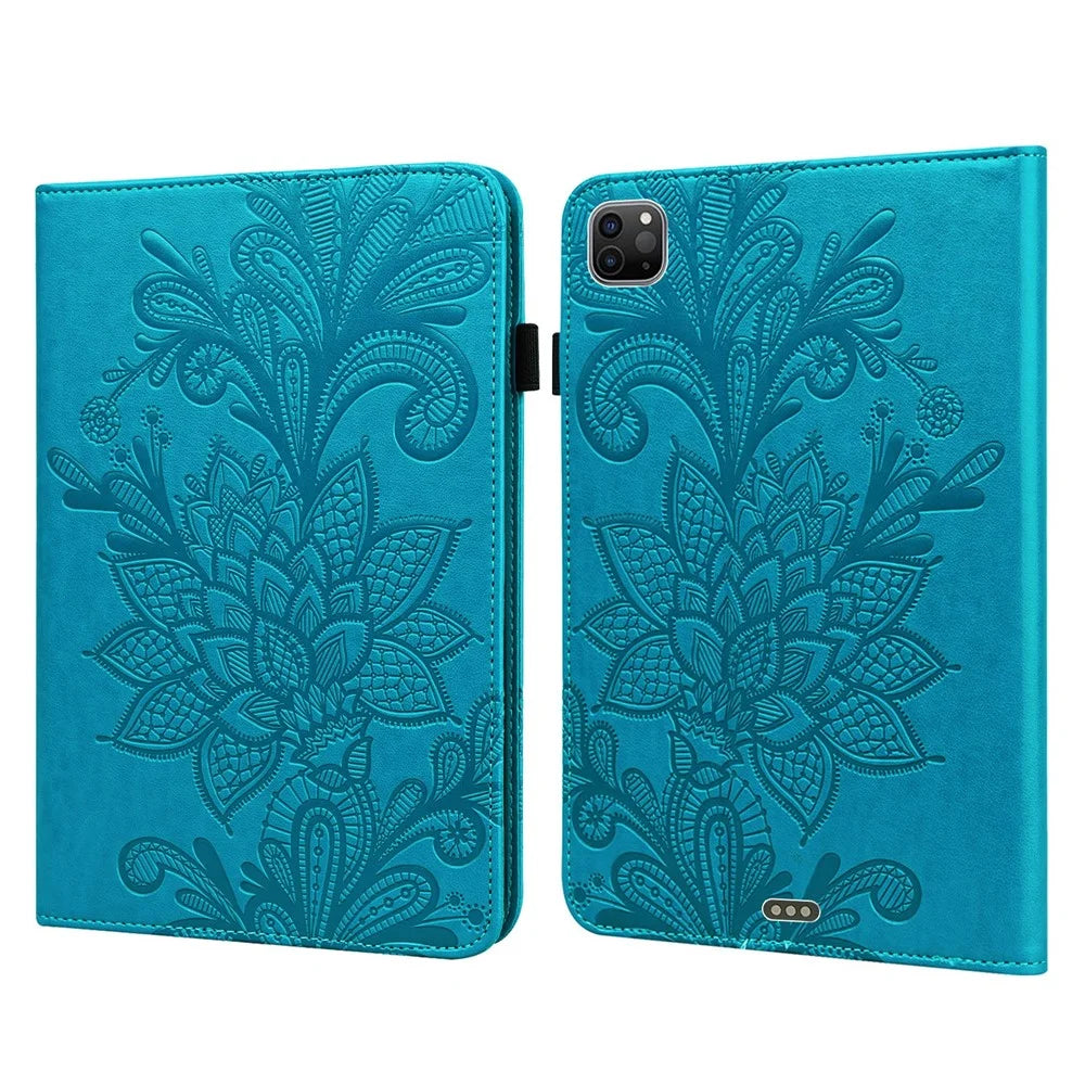 For iPad Pro 11 (2022) / (2021) / (2020) Flower Imprinting Tablet Wallet Case Auto Wake / Sleep PU Leather Drop-proof Stand Cover with Elastic Band - Blue - 1