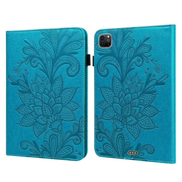 For iPad Pro 11 (2022) / (2021) / (2020) Flower Imprinting Tablet Wallet Case Auto Wake / Sleep PU Leather Drop-proof Stand Cover with Elastic Band - Blue - 1