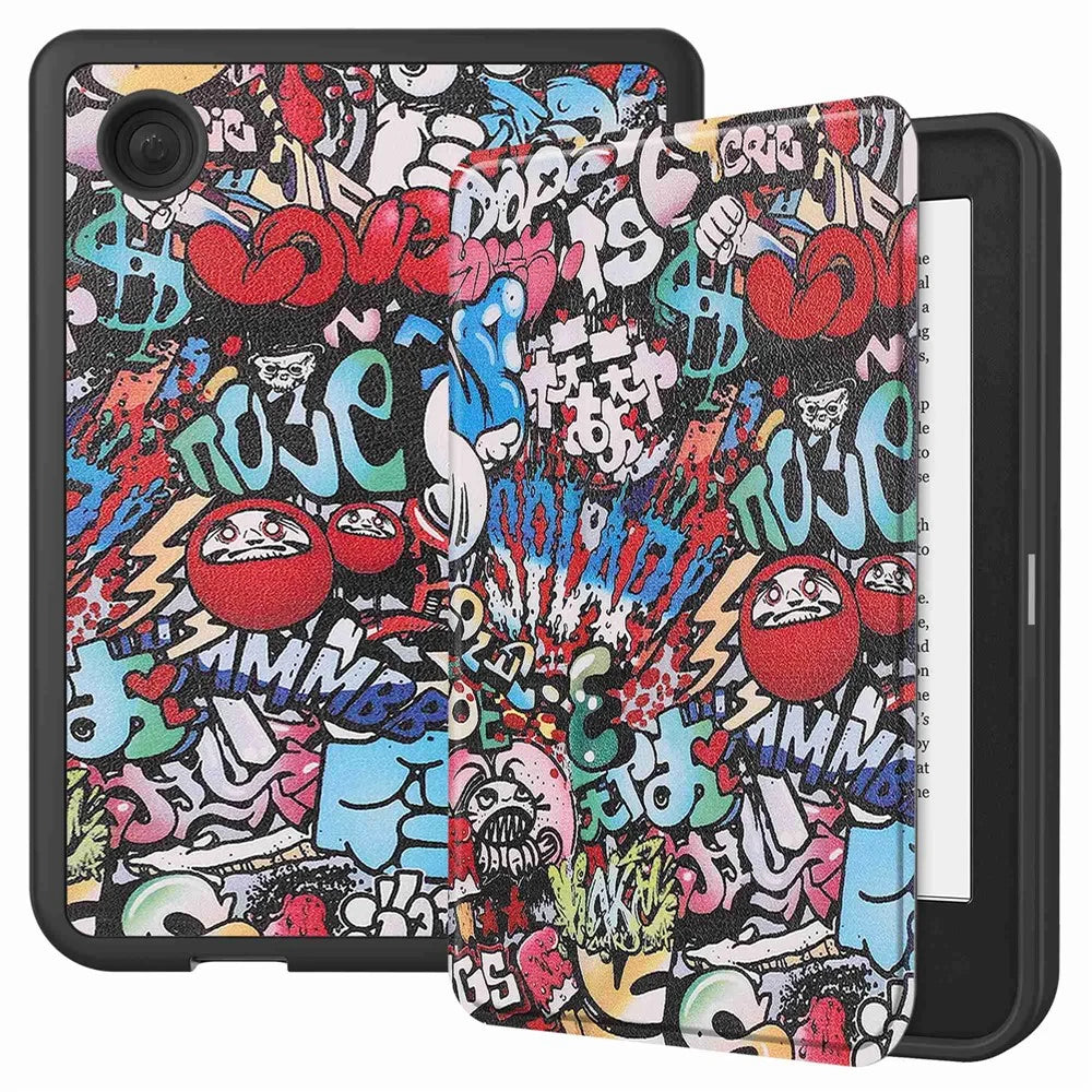 For Kobo Clara 2E Pattern Printing PU Leather Folio E-reader Cover Shockproof Smart Auto Sleep  /  Wake Protective Case - Graffiti - 1