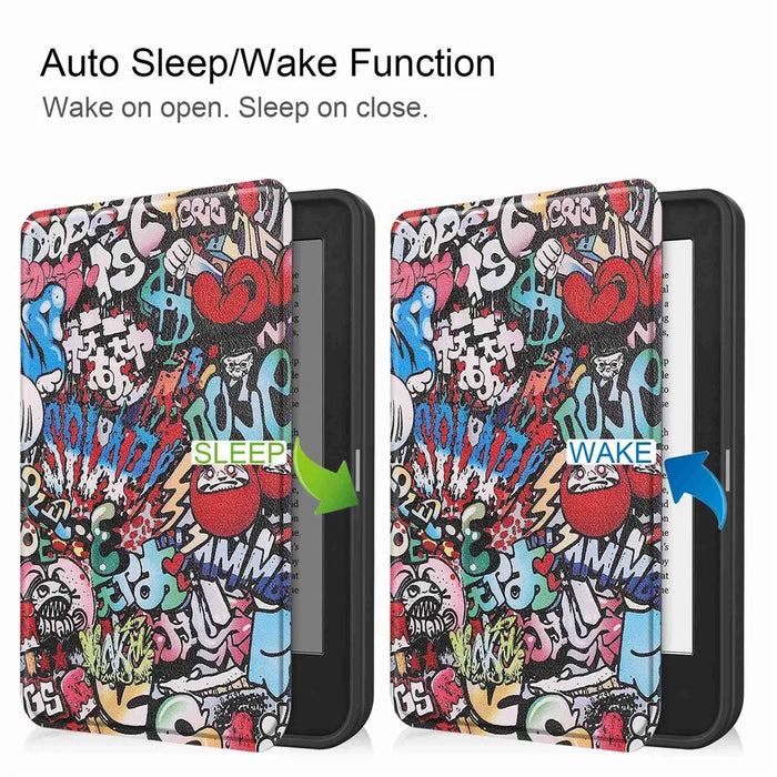 For Kobo Clara 2E Pattern Printing PU Leather Folio E-reader Cover Shockproof Smart Auto Sleep  /  Wake Protective Case - Graffiti - 5