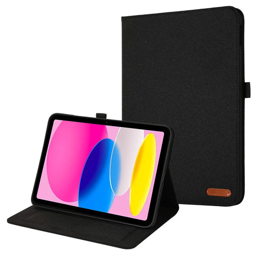 For iPad (2025) / 10.9 (2022) Cloth Texture Tablet Case Full Body Protection PU Leather Card Holder Folio Stand Cover - Black - 1