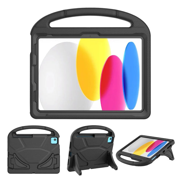 For iPad (2025) / 10.9 (2022) Soccer Pattern EVA Tablet Case Kid Friendly Kickstand Handle Protective Cover - Black - 1