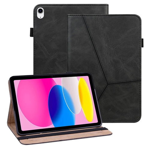 For iPad (2025)/10.9 (2022) Tablet Case Line Imprinted PU Leather Card Holder Cover with Elastic Band - Black - 1