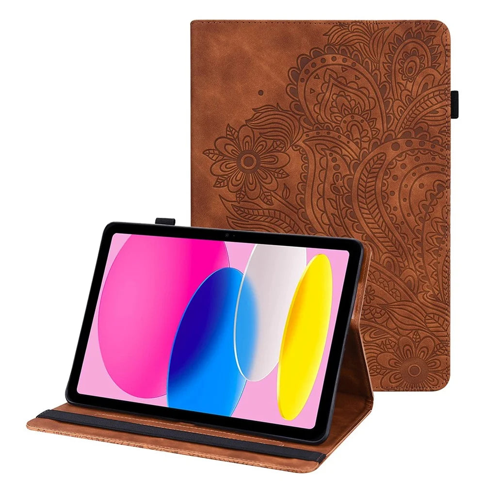 Flower Imprinting Tablet Cover for iPad (2025) / 10.9 (2022) PU Leather Card Holder Drop-Proof Case - Brown - 1