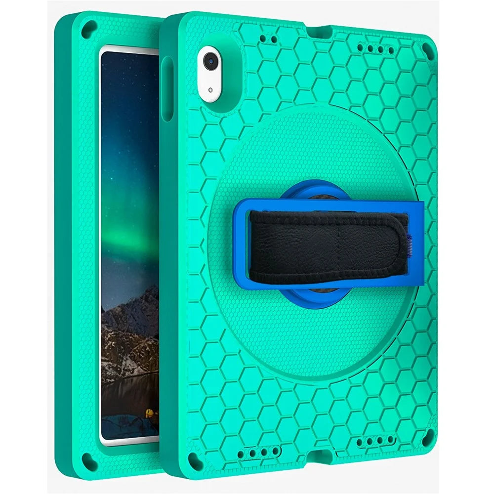 For iPad (2025) / 10.9 (2022) Tablet Case Hand Strap Rotary Kickstand Honeycomb Texture Anti-Drop Cover with Shoulder Strap - Green  /  Blue - 1
