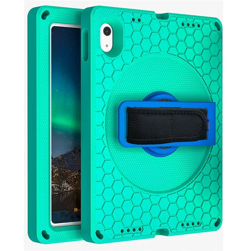 For iPad (2025) / 10.9 (2022) Tablet Case Hand Strap Rotary Kickstand Honeycomb Texture Anti-Drop Cover with Shoulder Strap - Green  /  Blue - 1