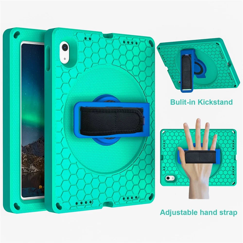 For iPad (2025) / 10.9 (2022) Tablet Case Hand Strap Rotary Kickstand Honeycomb Texture Anti-Drop Cover with Shoulder Strap - Green  /  Blue - 2