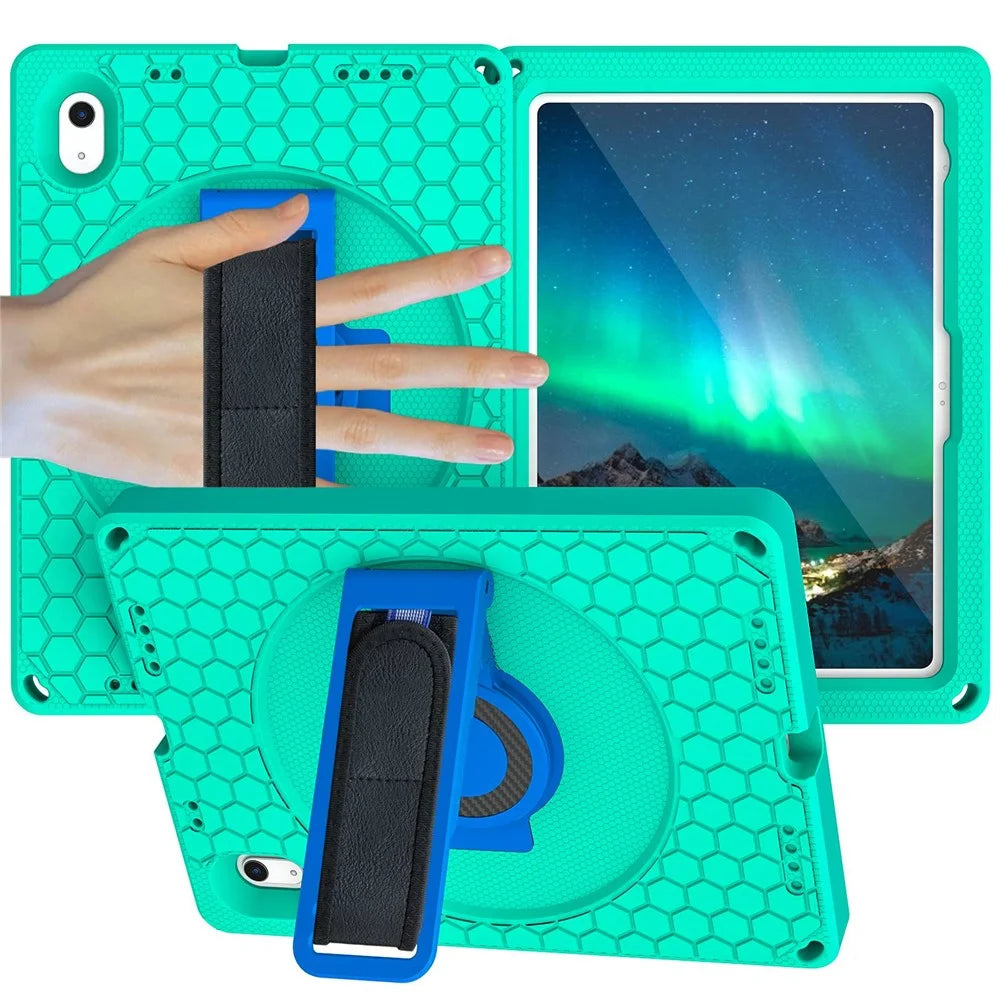 For iPad (2025) / 10.9 (2022) Tablet Case Hand Strap Rotary Kickstand Honeycomb Texture Anti-Drop Cover with Shoulder Strap - Green  /  Blue - 3