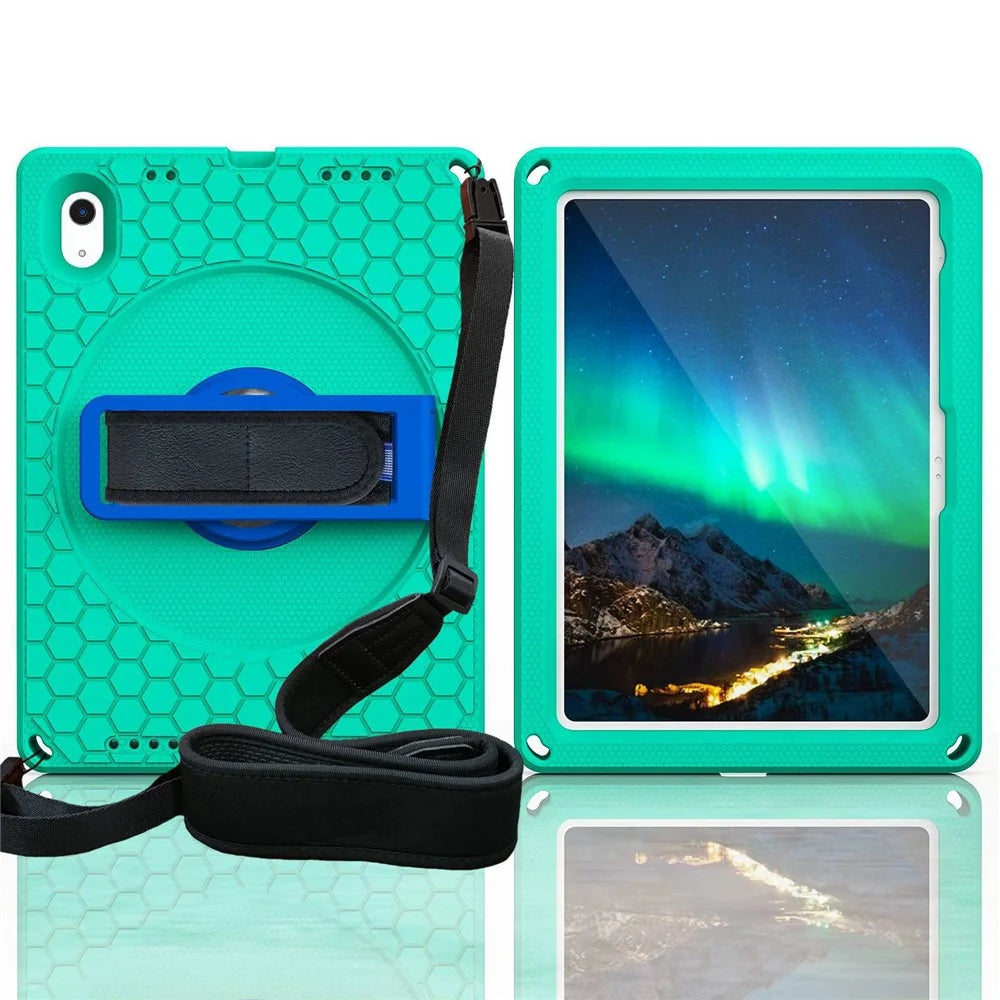 For iPad (2025) / 10.9 (2022) Tablet Case Hand Strap Rotary Kickstand Honeycomb Texture Anti-Drop Cover with Shoulder Strap - Green  /  Blue - 4
