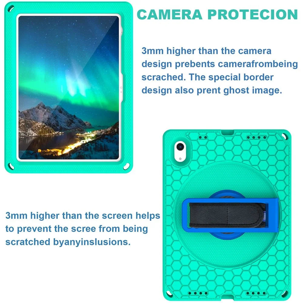 For iPad (2025) / 10.9 (2022) Tablet Case Hand Strap Rotary Kickstand Honeycomb Texture Anti-Drop Cover with Shoulder Strap - Green  /  Blue - 5