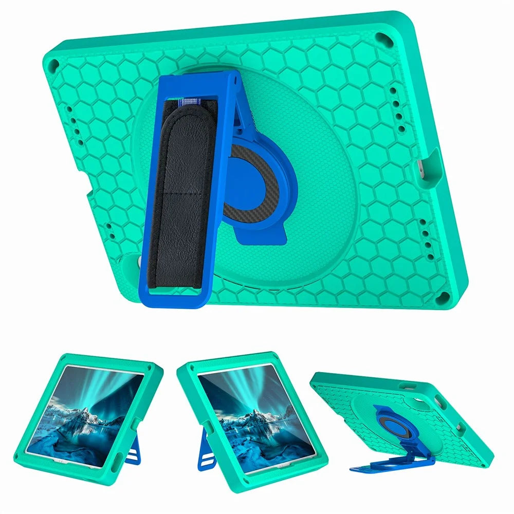 For iPad (2025) / 10.9 (2022) Tablet Case Hand Strap Rotary Kickstand Honeycomb Texture Anti-Drop Cover with Shoulder Strap - Green  /  Blue - 6