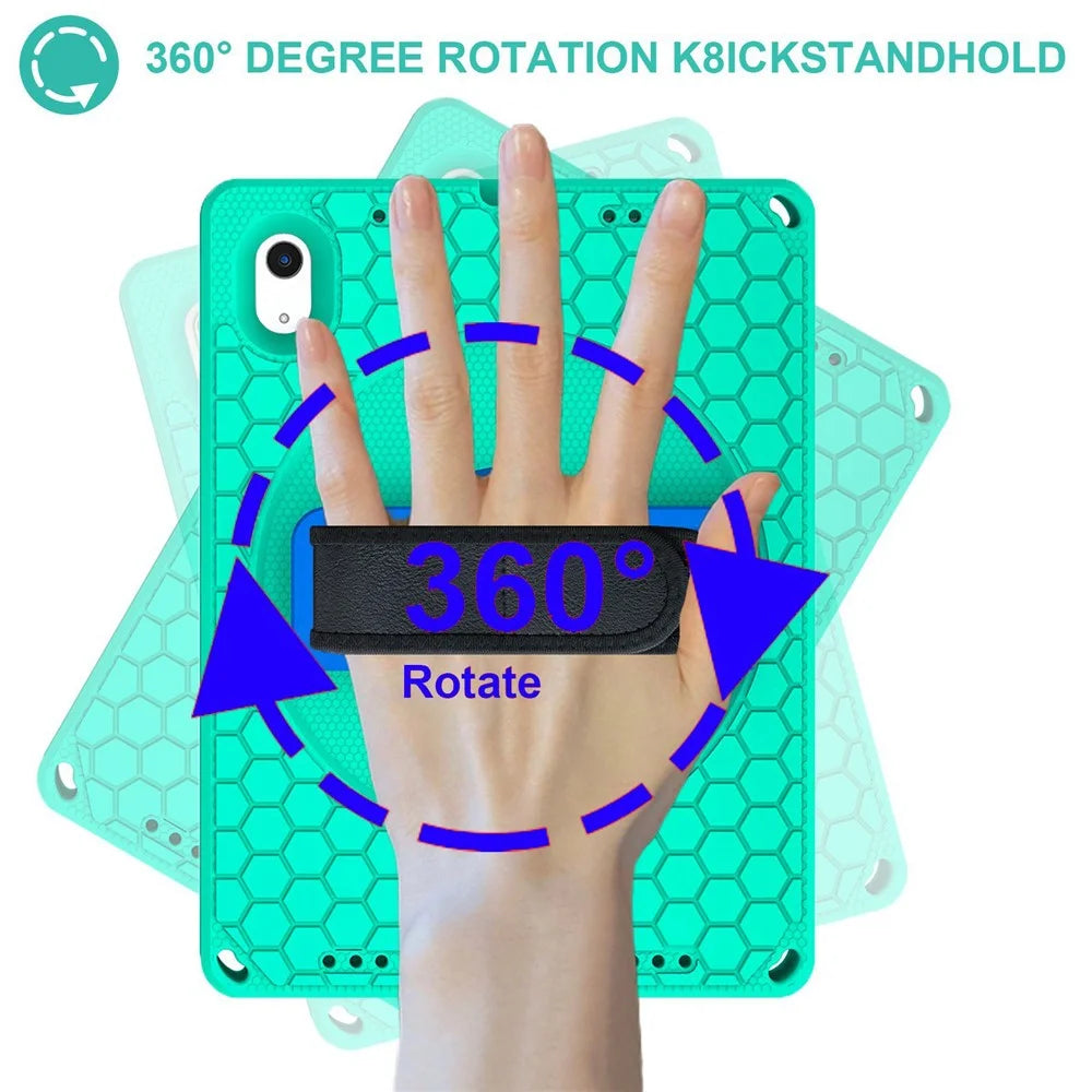 For iPad (2025) / 10.9 (2022) Tablet Case Hand Strap Rotary Kickstand Honeycomb Texture Anti-Drop Cover with Shoulder Strap - Green  /  Blue - 7